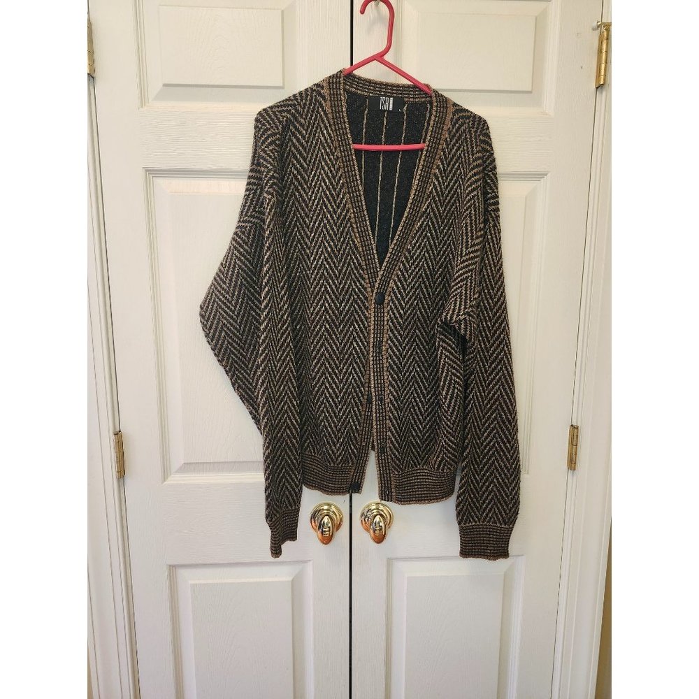 Vintage Men TSR USA Brown Chevron Cardigan Sweater Size L